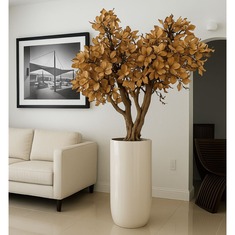 Magnolienbaum in Beige im glänzend weißen Topf – Neu eingetroffen